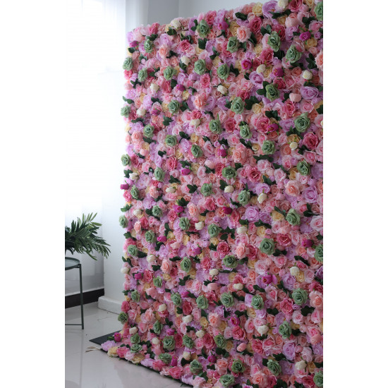 pink and green roses and green leaves cloth roll up flower wall fabric hanging curtain plant wall event party wedding backdrop