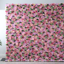 pink and green roses and green leaves cloth roll up flower wall fabric hanging curtain plant wall event party wedding backdrop