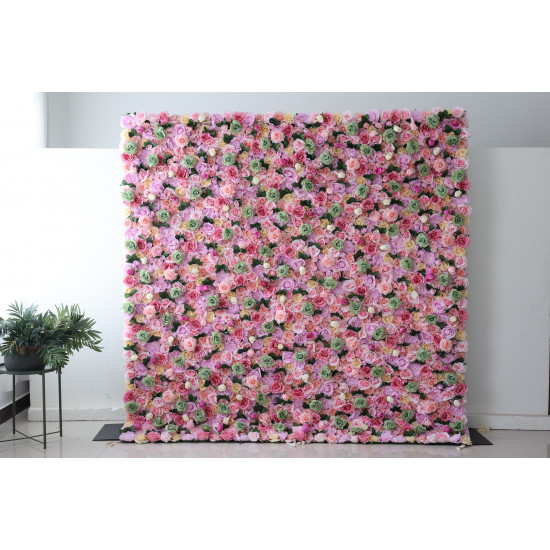 pink and green roses and green leaves cloth roll up flower wall fabric hanging curtain plant wall event party wedding backdrop