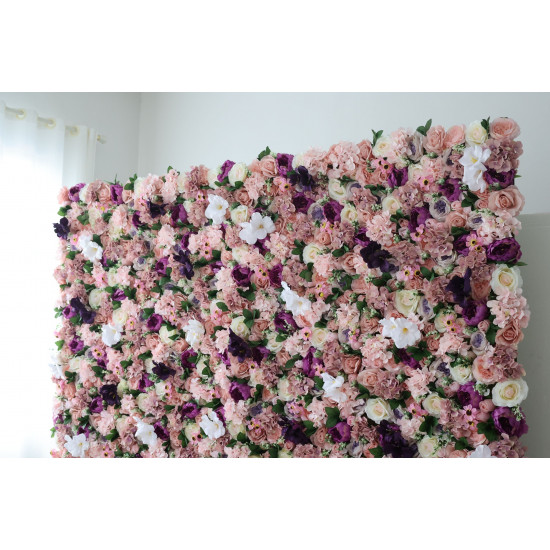 pink and light green roses and pink hydrangeas and purple peonies and green leaves cloth roll up flower wall fabric hanging curtain plant wall event party wedding backdrop