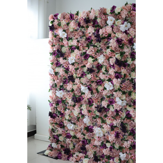 pink and light green roses and pink hydrangeas and purple peonies and green leaves cloth roll up flower wall fabric hanging curtain plant wall event party wedding backdrop