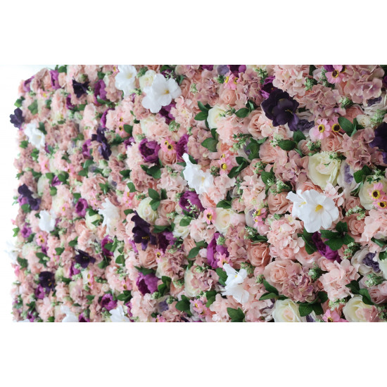 pink and light green roses and pink hydrangeas and purple peonies and green leaves cloth roll up flower wall fabric hanging curtain plant wall event party wedding backdrop