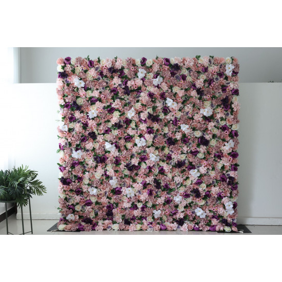 pink and light green roses and pink hydrangeas and purple peonies and green leaves cloth roll up flower wall fabric hanging curtain plant wall event party wedding backdrop