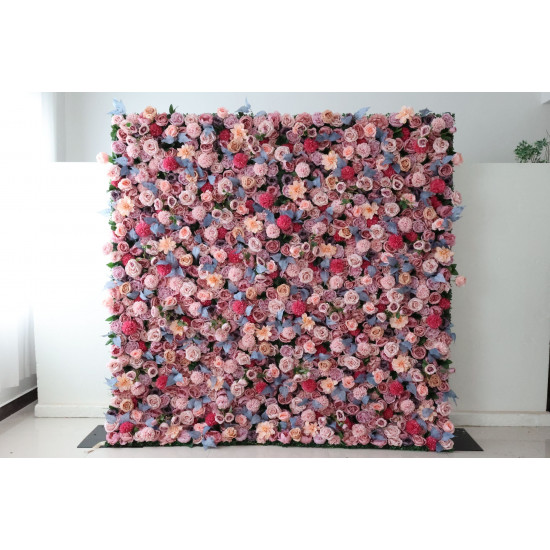 pink and light yellow roses and pink dahlias and pink and rosy kilims cloth roll up flower wall fabric hanging curtain plant wall event party wedding backdrop