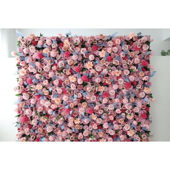 pink and light yellow roses and pink dahlias and pink and rosy kilims cloth roll up flower wall fabric hanging curtain plant wall event party wedding backdrop