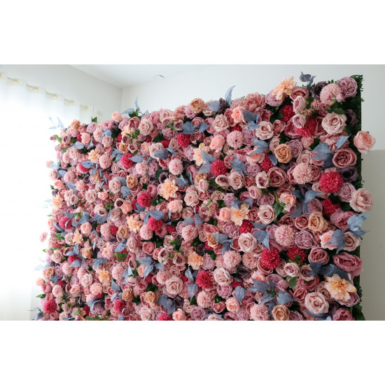 pink and light yellow roses and pink dahlias and pink and rosy kilims cloth roll up flower wall fabric hanging curtain plant wall event party wedding backdrop