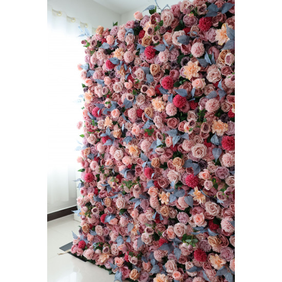 pink and light yellow roses and pink dahlias and pink and rosy kilims cloth roll up flower wall fabric hanging curtain plant wall event party wedding backdrop