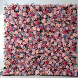 pink and light yellow roses and pink dahlias and pink and rosy kilims cloth roll up flower wall fabric hanging curtain plant wall event party wedding backdrop