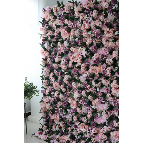 pink and purple roses and green leaves cloth roll up flower wall fabric hanging curtain plant wall event party wedding  backdrop