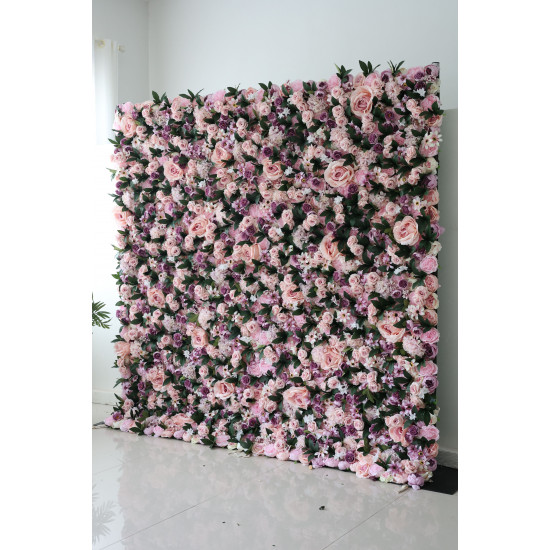 pink and purple roses and green leaves cloth roll up flower wall fabric hanging curtain plant wall event party wedding  backdrop