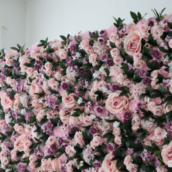 pink and purple roses and green leaves cloth roll up flower wall fabric hanging curtain plant wall event party wedding  backdrop