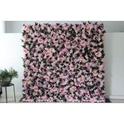 pink and purple roses and green leaves cloth roll up flower wall fabric hanging curtain plant wall event party wedding  backdrop