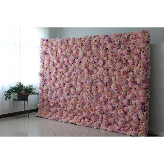 pink and purple roses and pink hydrangeas cloth roll up flower wall fabric hanging curtain plant wall event party wedding backdrop