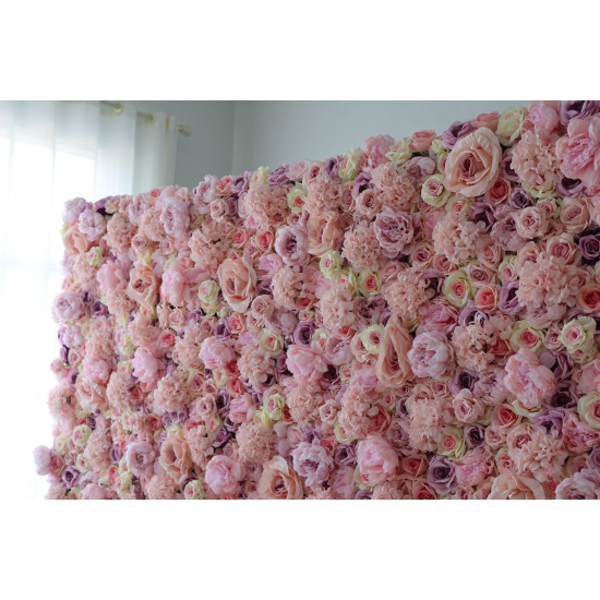 pink and purple roses and pink hydrangeas cloth roll up flower wall fabric hanging curtain plant wall event party wedding backdrop