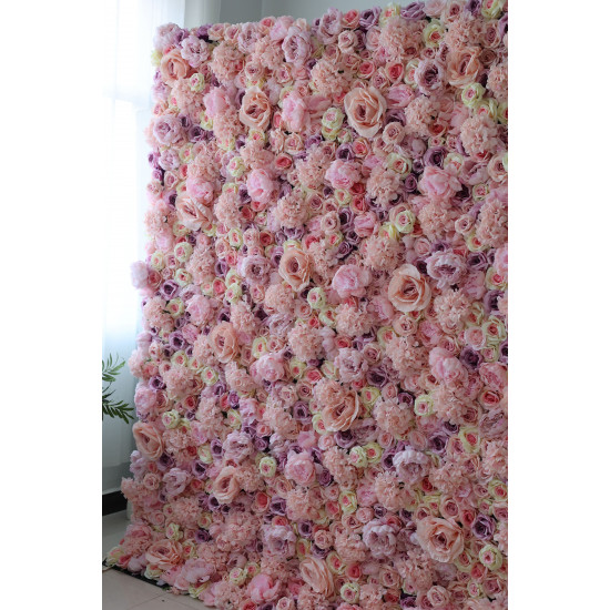 pink and purple roses and pink hydrangeas cloth roll up flower wall fabric hanging curtain plant wall event party wedding backdrop