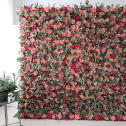 pink and rosy roses and green leaves cloth roll up flower wall fabric hanging curtain plant wall event party wedding backdrop