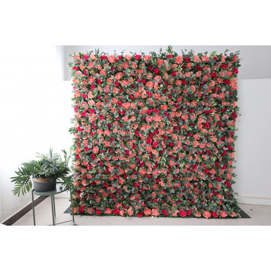 pink and rosy roses and green leaves cloth roll up flower wall fabric hanging curtain plant wall event party wedding backdrop