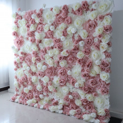 pink and white rose cloth flower wall fabric rollin up reed pampas grass curtain floral wall wedding backdrop party event props