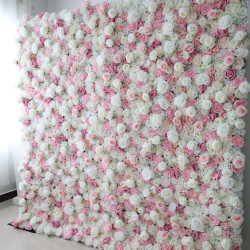 pink and white roses and peonies cloth roll up flower wall fabric hanging curtain plant wall event party wedding backdrop