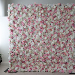 pink and white roses and peonies cloth roll up flower wall fabric hanging curtain plant wall event party wedding backdrop