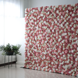 pink and white roses cloth roll up flower wall fabric hanging curtain plant wall event party wedding backdrop