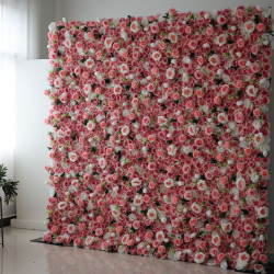 pink and white roses cloth roll up flower wall fabric hanging curtain plant wall event party wedding backdrop