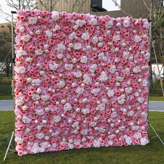 pink and white roses hydrangeas 3d luxury gradient rolling up fabric curtain artificial flower wall cloth floral wall wedding backdrop