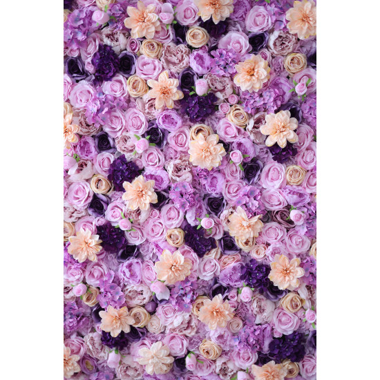 pink dahlias and purple roses and hydrangeas cloth roll up flower wall fabric hanging curtain plant wall event party wedding backdrop