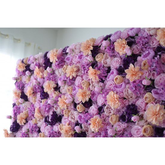 pink dahlias and purple roses and hydrangeas cloth roll up flower wall fabric hanging curtain plant wall event party wedding backdrop