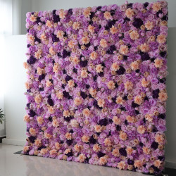 pink dahlias and purple roses and hydrangeas cloth roll up flower wall fabric hanging curtain plant wall event party wedding backdrop