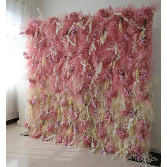 pink misty grass cloth flower wall fabric rollin up reed pampas grass curtain floral wall wedding backdrop party event props