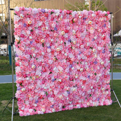 pink mixed color roses cloth roll up flower wall fabric hanging curtain plant wall event party wedding backdrop