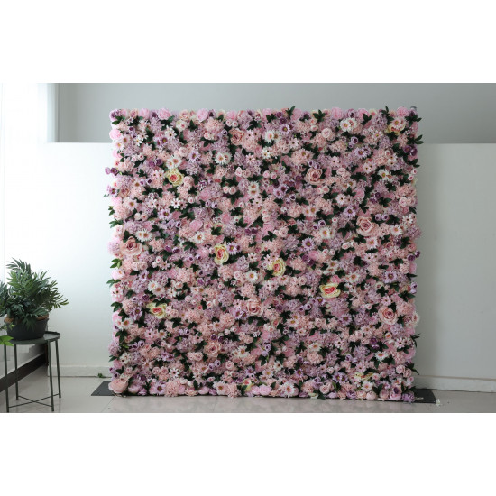 pink mixed flowers and green leaves cloth roll up flower wall fabric hanging curtain plant wall event party wedding  backdrop