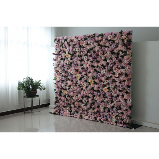 pink mixed flowers and green leaves cloth roll up flower wall fabric hanging curtain plant wall event party wedding  backdrop