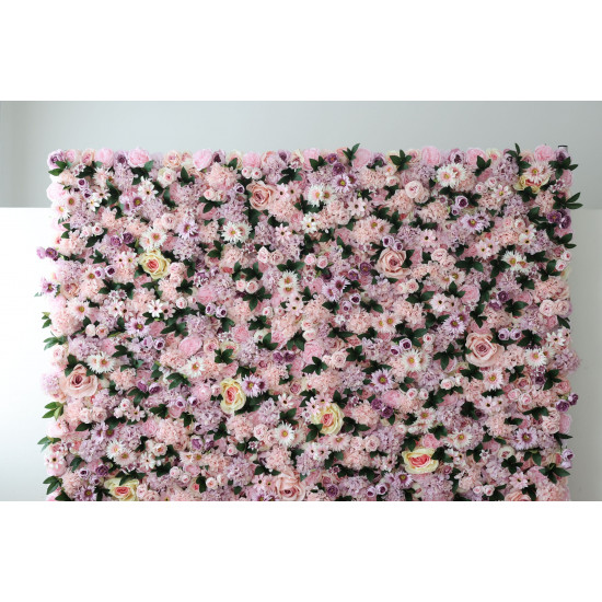 pink mixed flowers and green leaves cloth roll up flower wall fabric hanging curtain plant wall event party wedding  backdrop