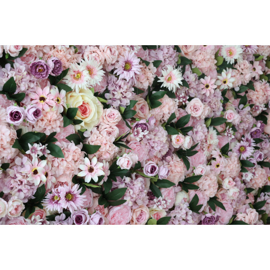 pink mixed flowers and green leaves cloth roll up flower wall fabric hanging curtain plant wall event party wedding  backdrop