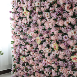 pink mixed flowers and green leaves cloth roll up flower wall fabric hanging curtain plant wall event party wedding  backdrop