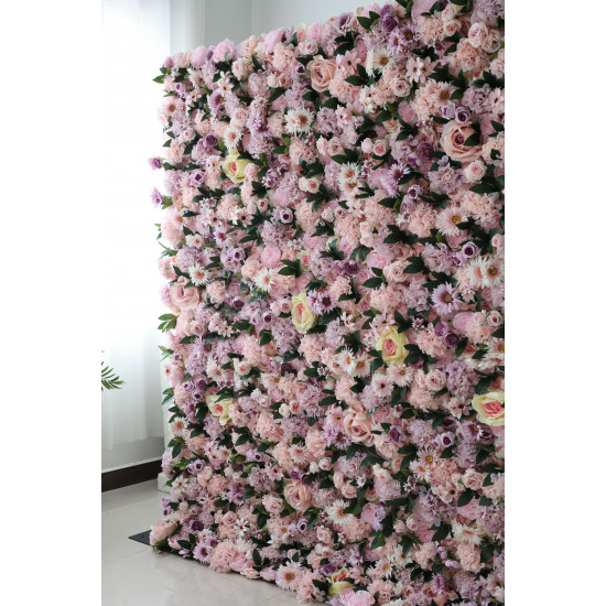 pink mixed flowers and green leaves cloth roll up flower wall fabric hanging curtain plant wall event party wedding  backdrop