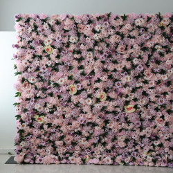 pink mixed flowers and green leaves cloth roll up flower wall fabric hanging curtain plant wall event party wedding  backdrop