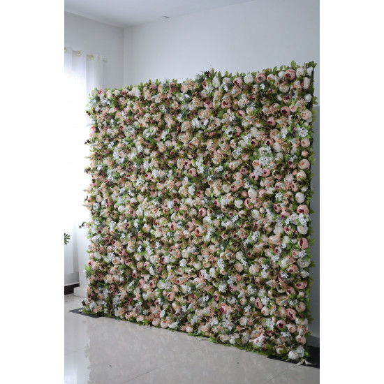 pink peonies and white hydrangeas and green leaves cloth roll up flower wall fabric hanging curtain plant wall event party wedding backdrop