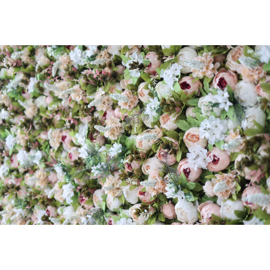 pink peonies and white hydrangeas and green leaves cloth roll up flower wall fabric hanging curtain plant wall event party wedding backdrop