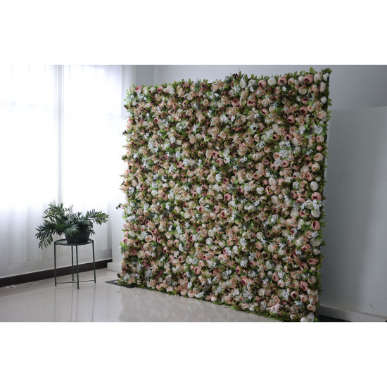 pink peonies and white hydrangeas and green leaves cloth roll up flower wall fabric hanging curtain plant wall event party wedding backdrop