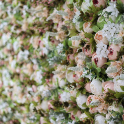 pink peonies and white hydrangeas and green leaves cloth roll up flower wall fabric hanging curtain plant wall event party wedding backdrop