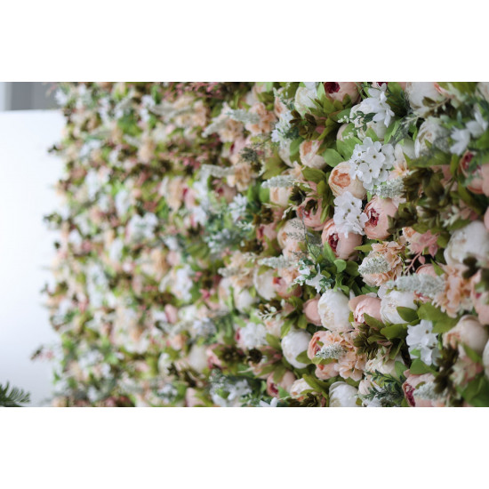 pink peonies and white hydrangeas and green leaves cloth roll up flower wall fabric hanging curtain plant wall event party wedding backdrop