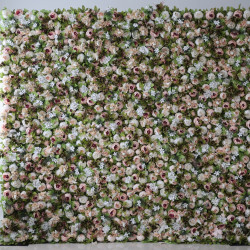 pink peonies and white hydrangeas and green leaves cloth roll up flower wall fabric hanging curtain plant wall event party wedding backdrop