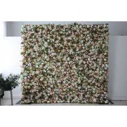 pink peonies and white hydrangeas and green leaves cloth roll up flower wall fabric hanging curtain plant wall event party wedding backdrop