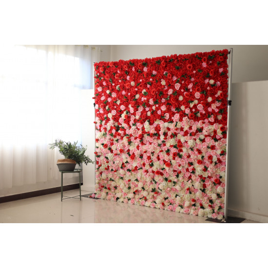 pink red light yellow roses and green leaves cloth roll up flower wall fabric hanging curtain plant wall event party wedding backdrop