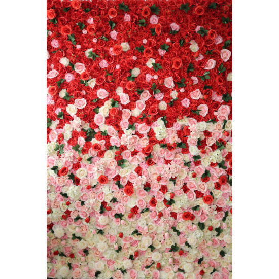 pink red light yellow roses and green leaves cloth roll up flower wall fabric hanging curtain plant wall event party wedding backdrop