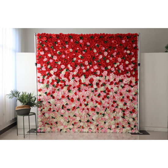 pink red light yellow roses and green leaves cloth roll up flower wall fabric hanging curtain plant wall event party wedding backdrop