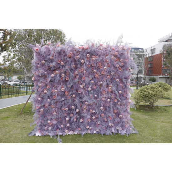 pink rose and purple grass cloth roll up flower wall fabric hanging curtain plant wall event party wedding backdrop